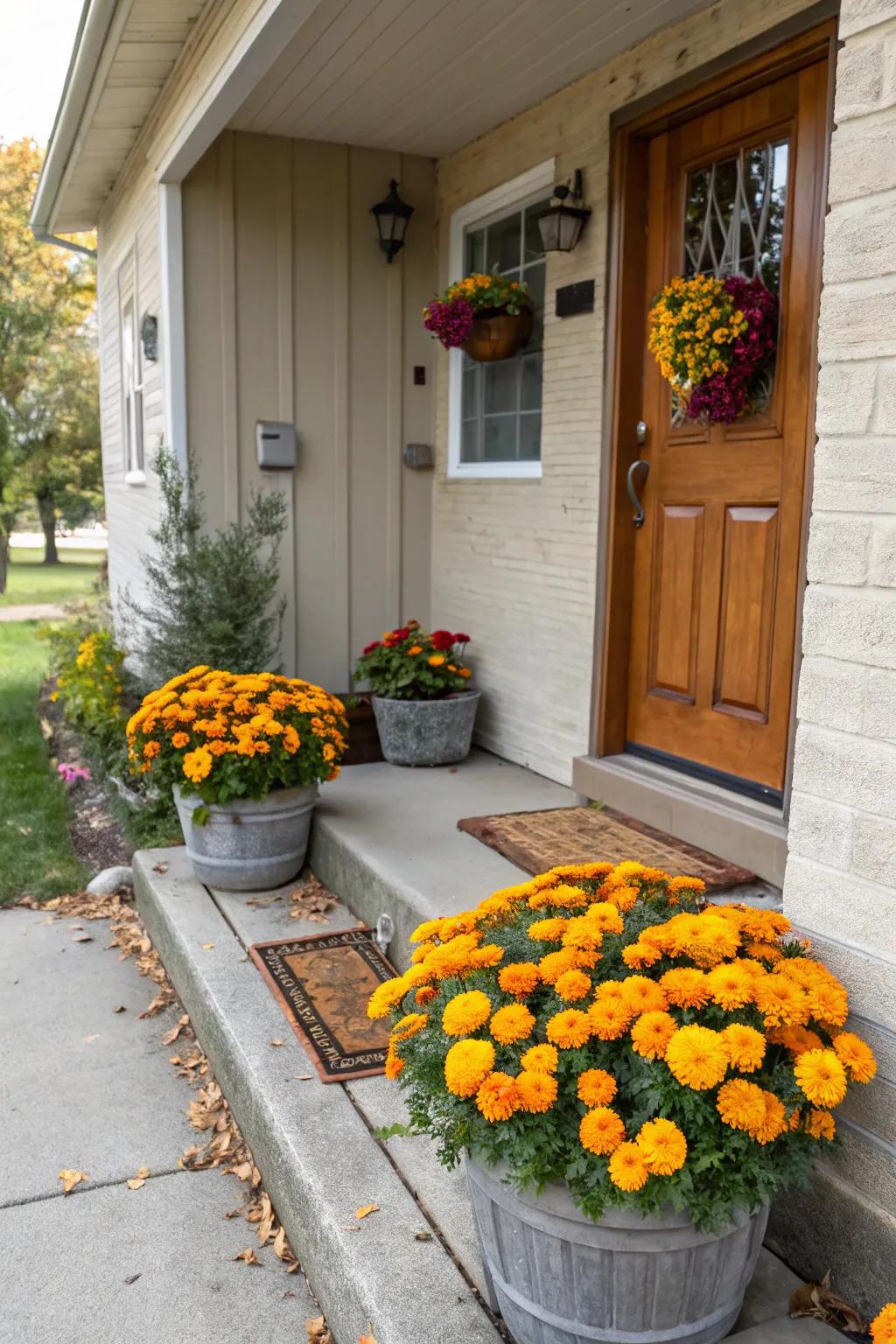 Planters filled with bright marigolds add a cheerful pop of color to a small front porch.