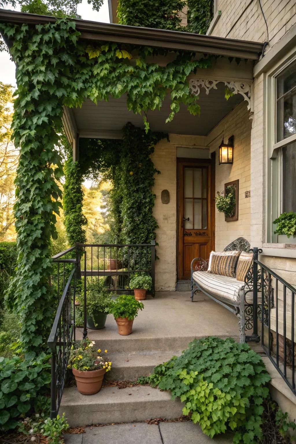Climbing ivy adds a touch of elegance and creates a green backdrop on a small front porch.