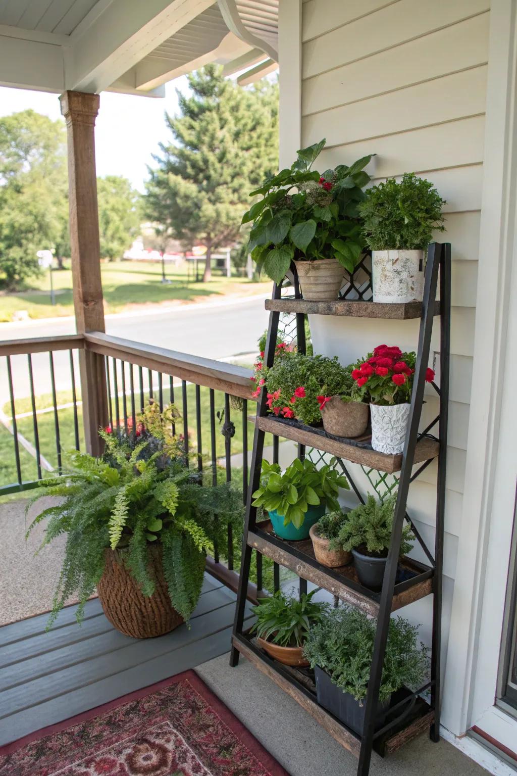 A multi-level plant stand adds dimension and displays a variety of plants on a small front porch.