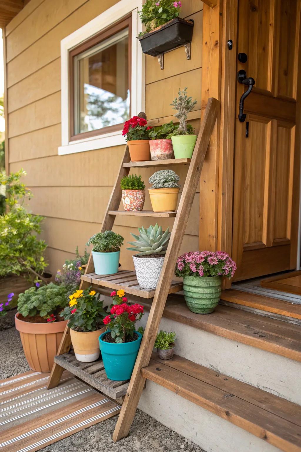 A wooden plant ladder showcases a mix of succulents and flowers on a small front porch.