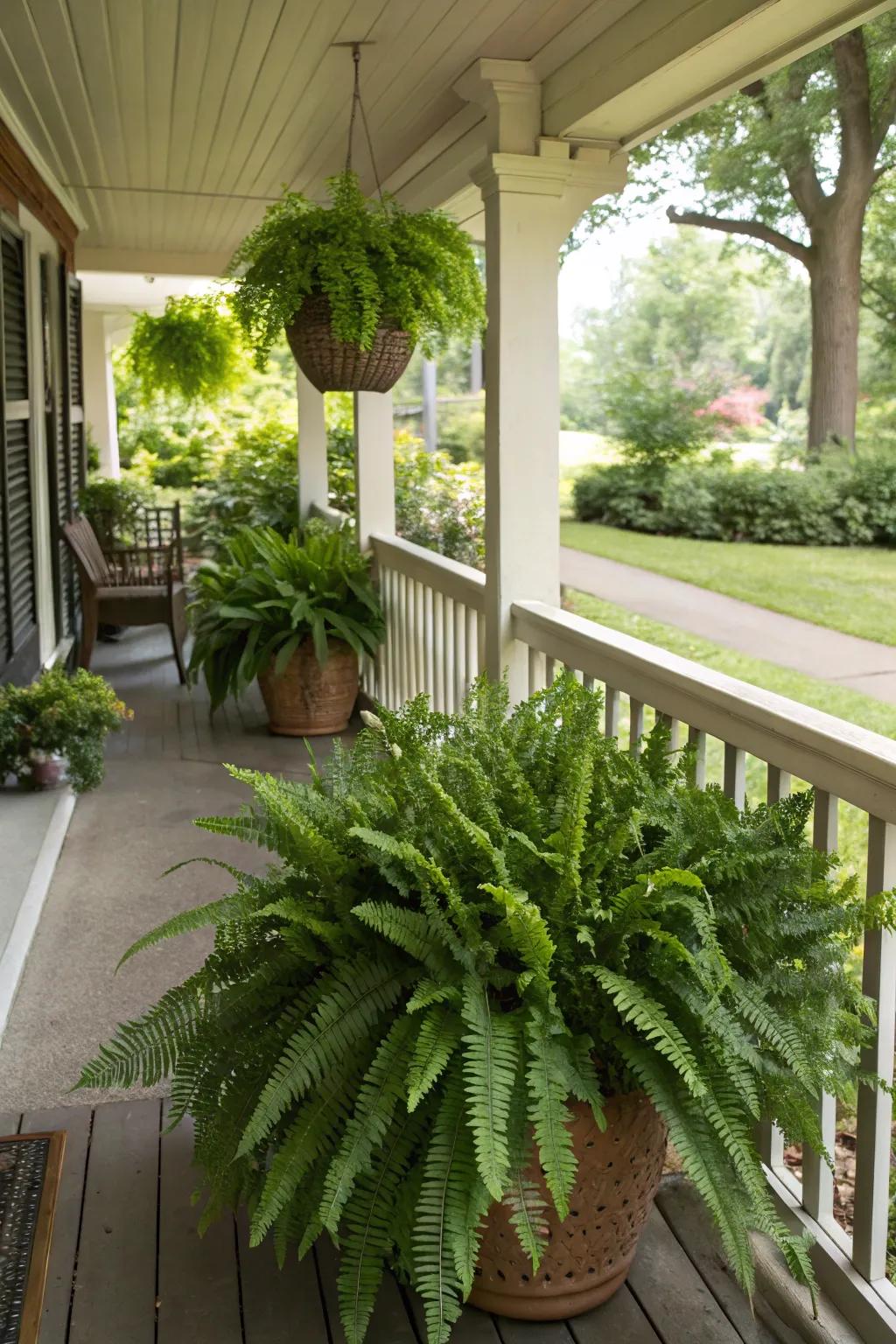 Lush ferns in decorative planters thrive in the shaded areas of a small front porch.