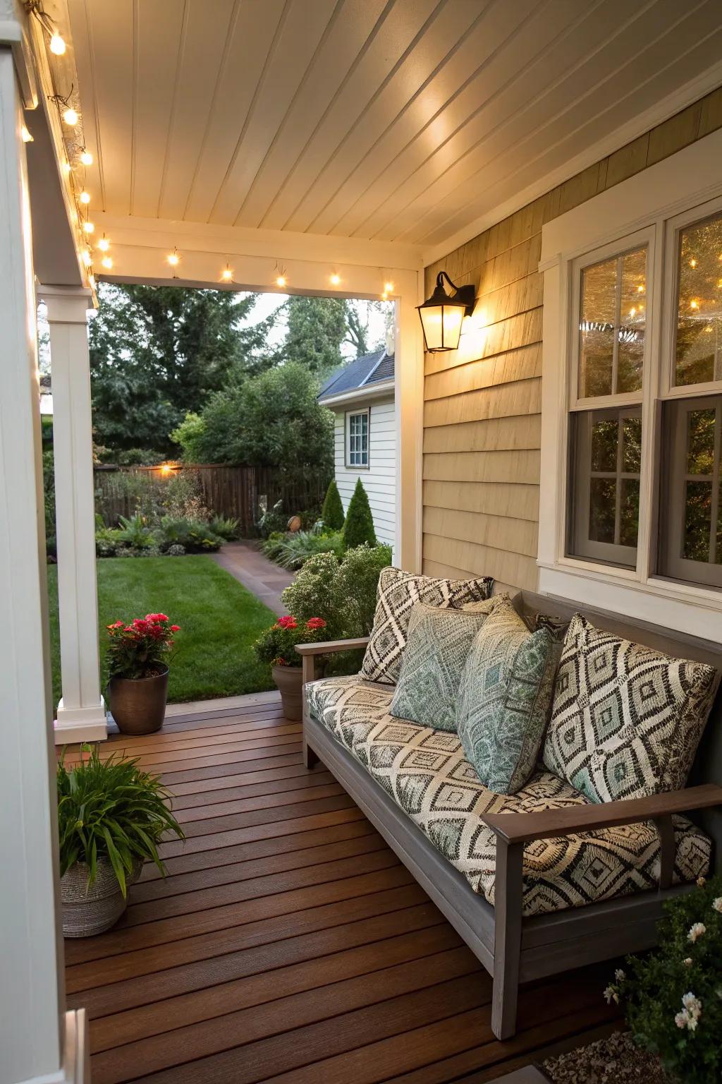 Patterned cushions add comfort and style to a cozy seating area on a small front porch.