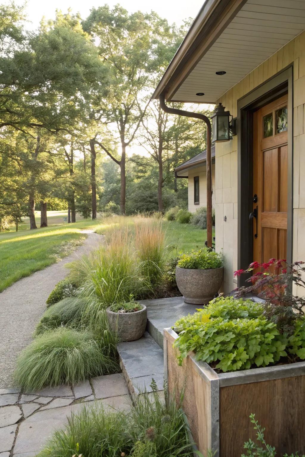 Different plant heights add visual interest to a small front porch.