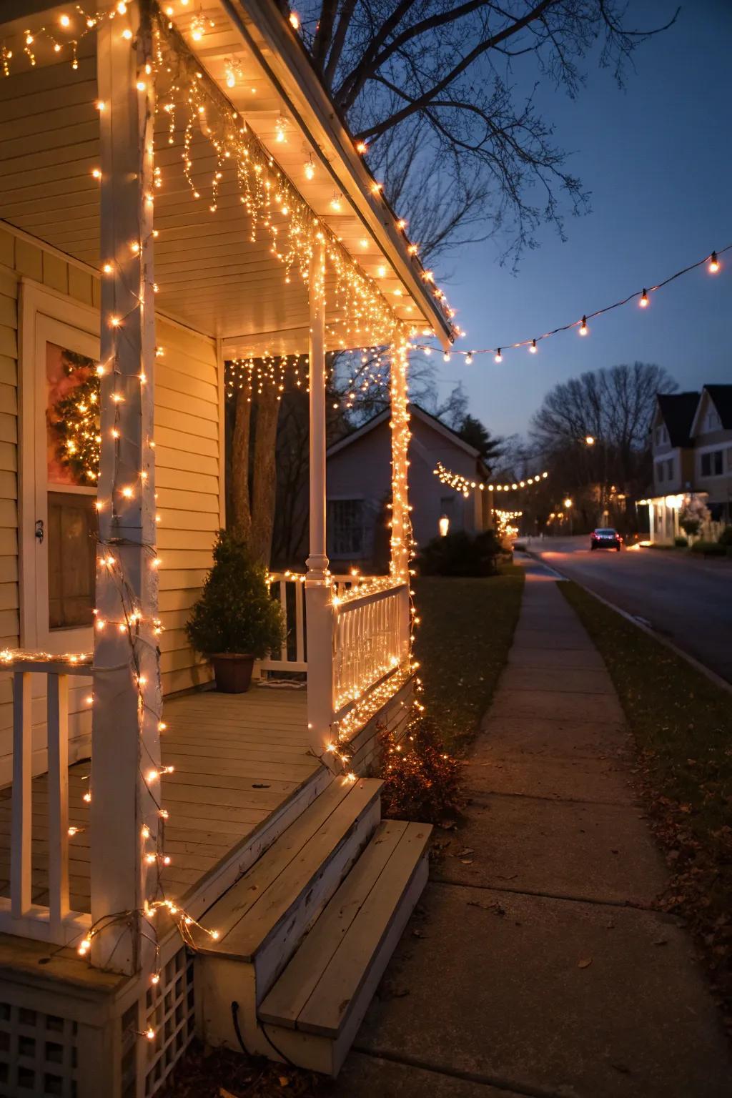 String lights create a warm and enchanting atmosphere on a small front porch at night.