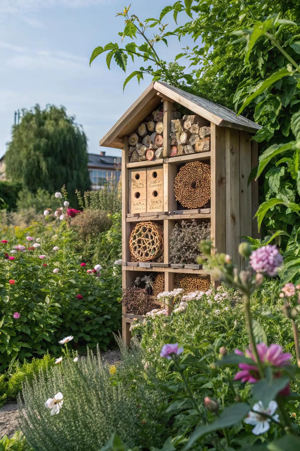 Wildlife shelters like insect hotels support a range of beneficial critters.
