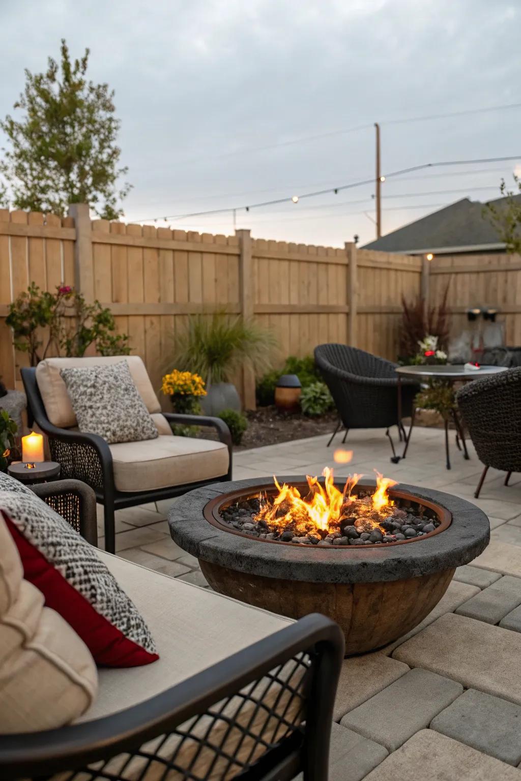 A fire pit adds warmth and a focal point to your patio.