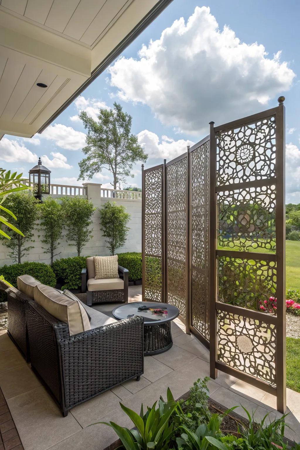 Privacy screens offer dual benefits of wind protection and seclusion.