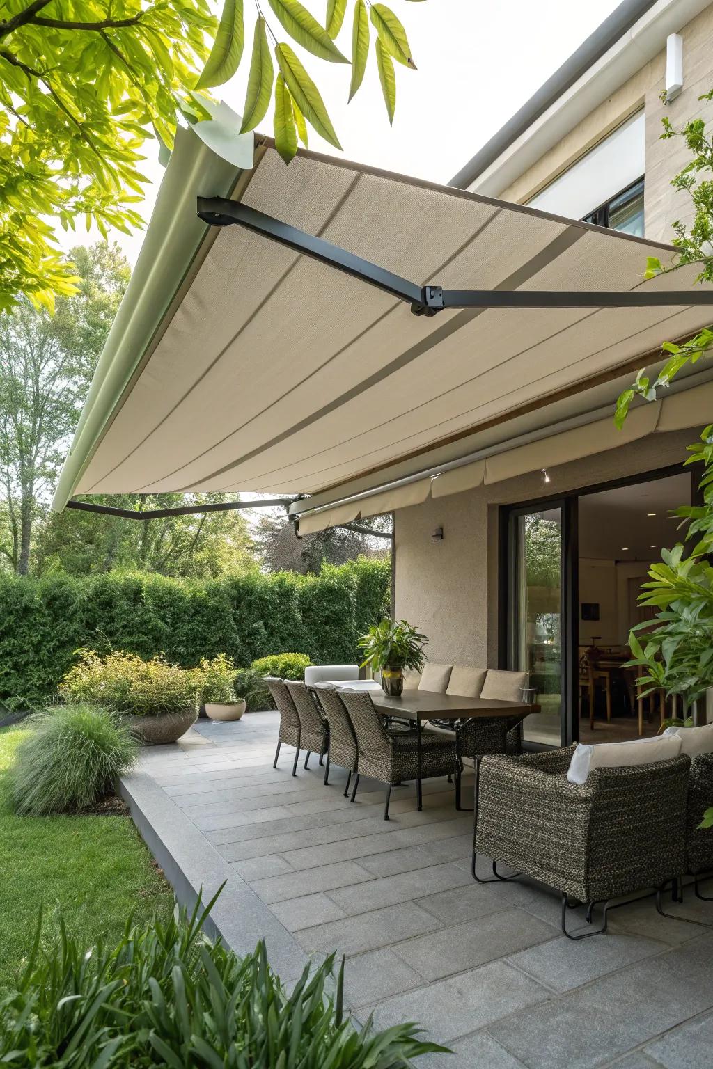 Retractable awnings offer versatile protection from the elements.