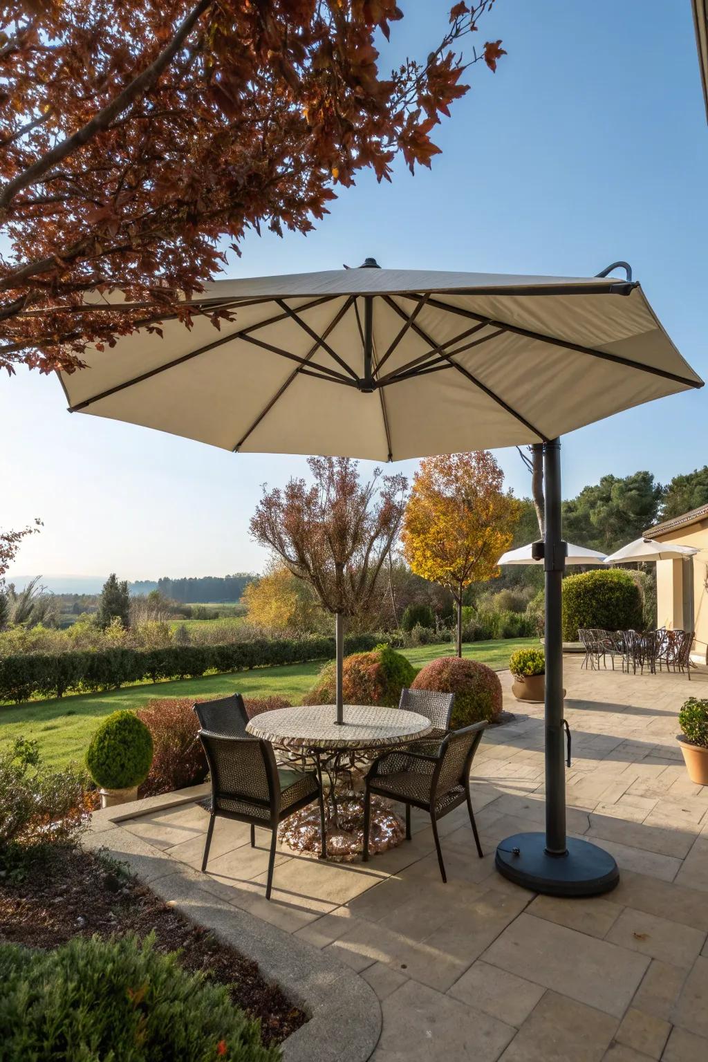 Outdoor umbrellas offer flexible shade and light wind protection.
