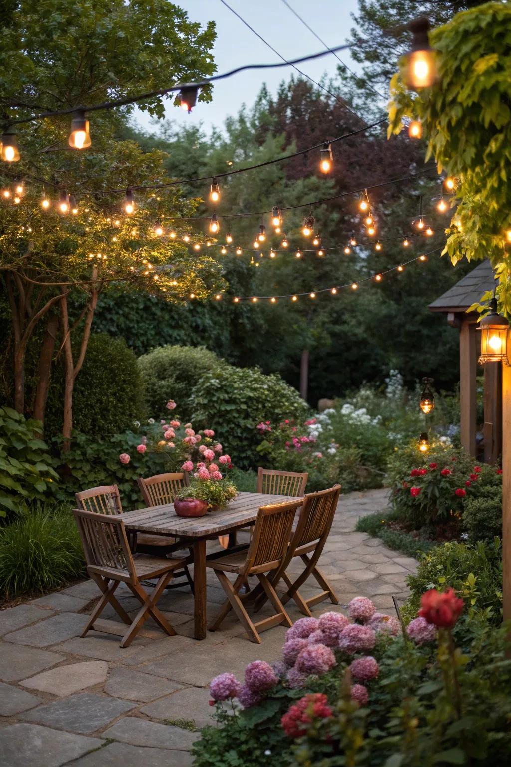 String lights add a touch of magic to outdoor evenings.