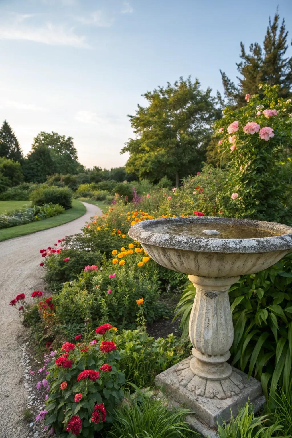 A birdbath adds charm and life to your garden.