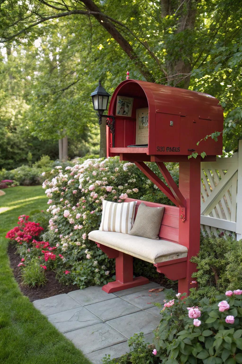 A mailbox with seating that invites you to linger.