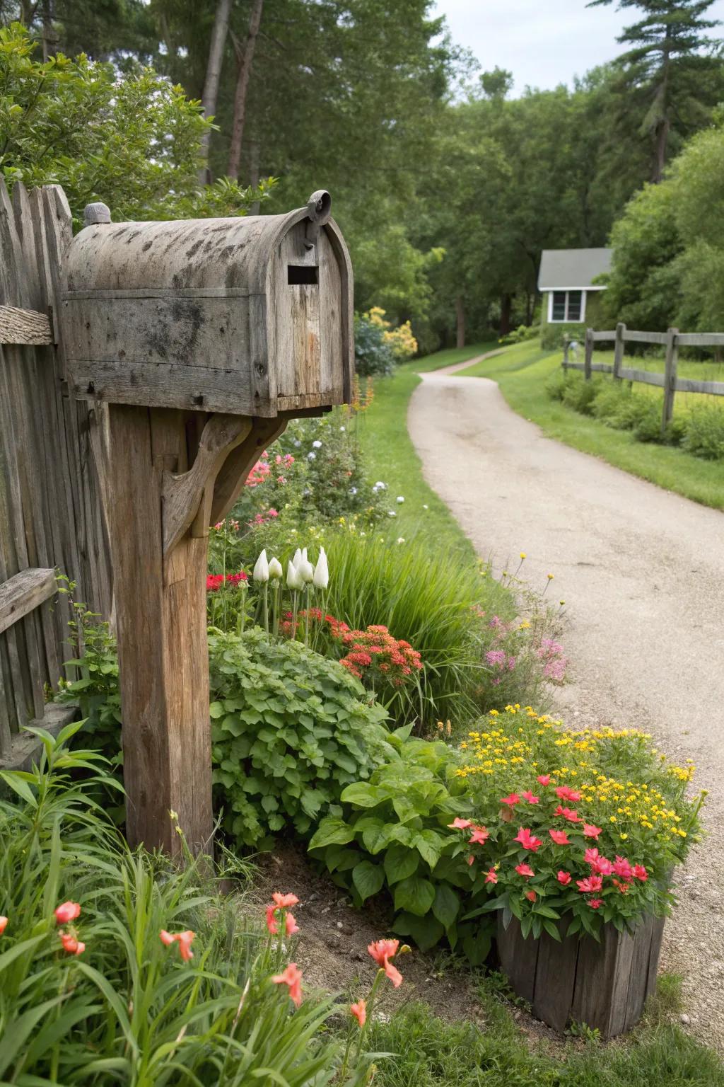 A rustic wooden mailbox harmoniously blending with nature.