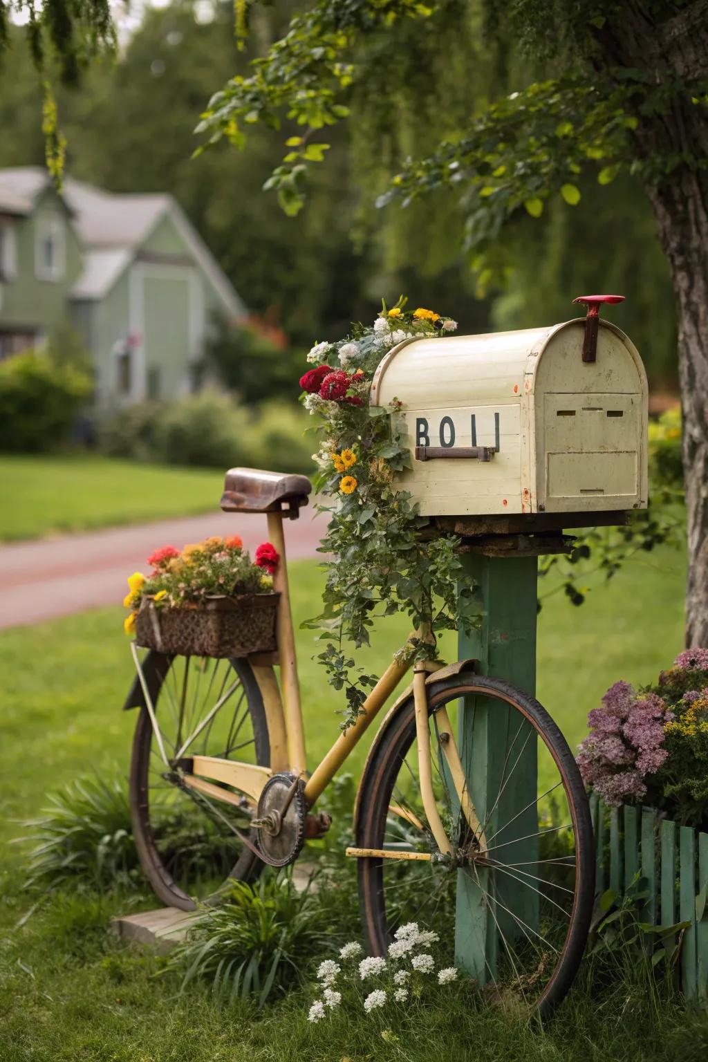 A vintage bicycle mailbox that merges whimsy with function.