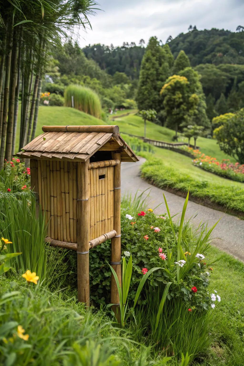An eco-friendly bamboo mailbox that blends with nature.