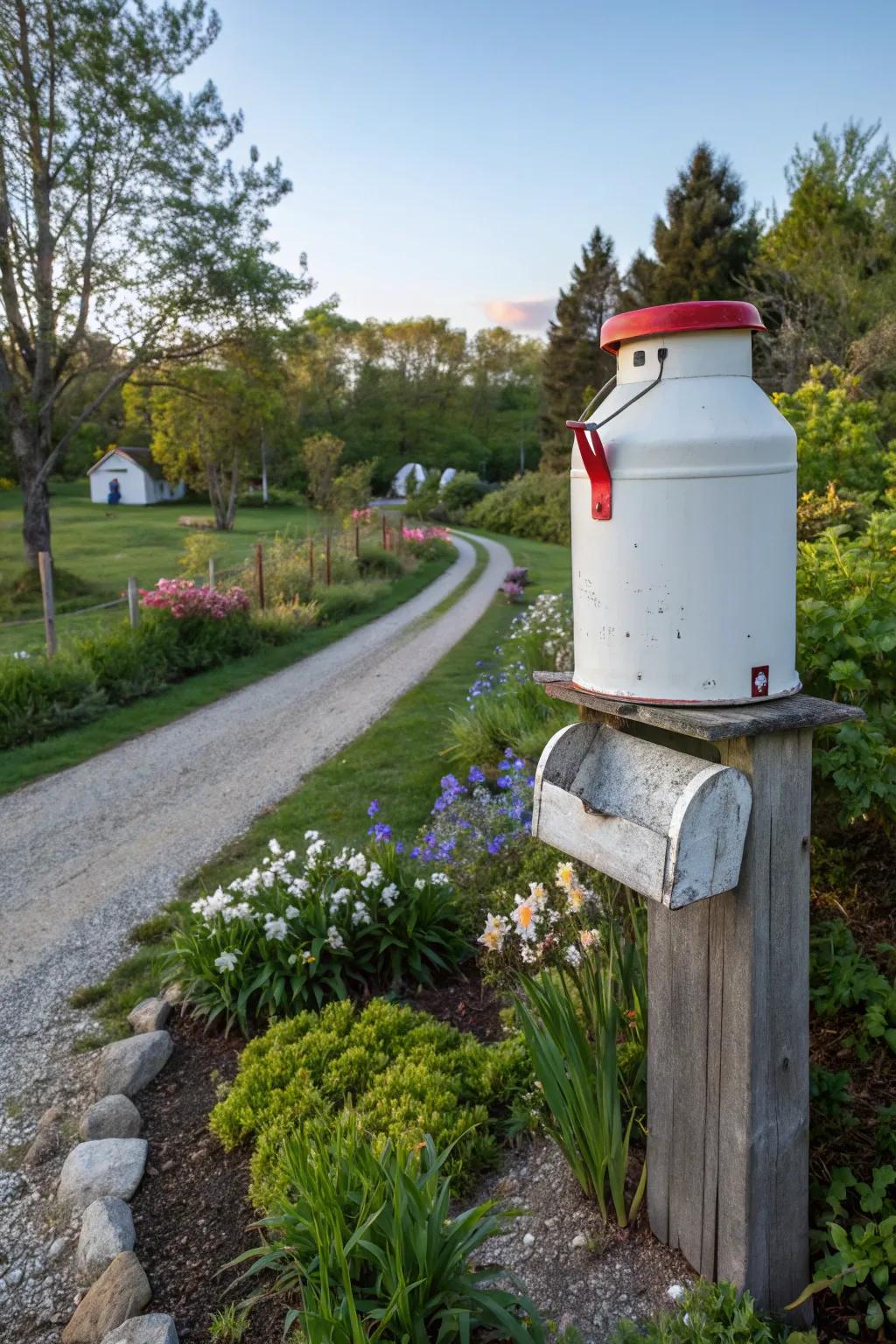 A vintage milk can mailbox offering nostalgic charm.