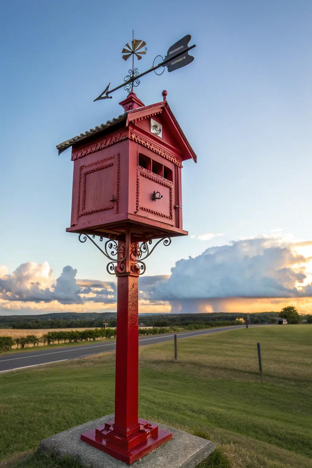 A mailbox with a weather vane bringing personality to the yard.
