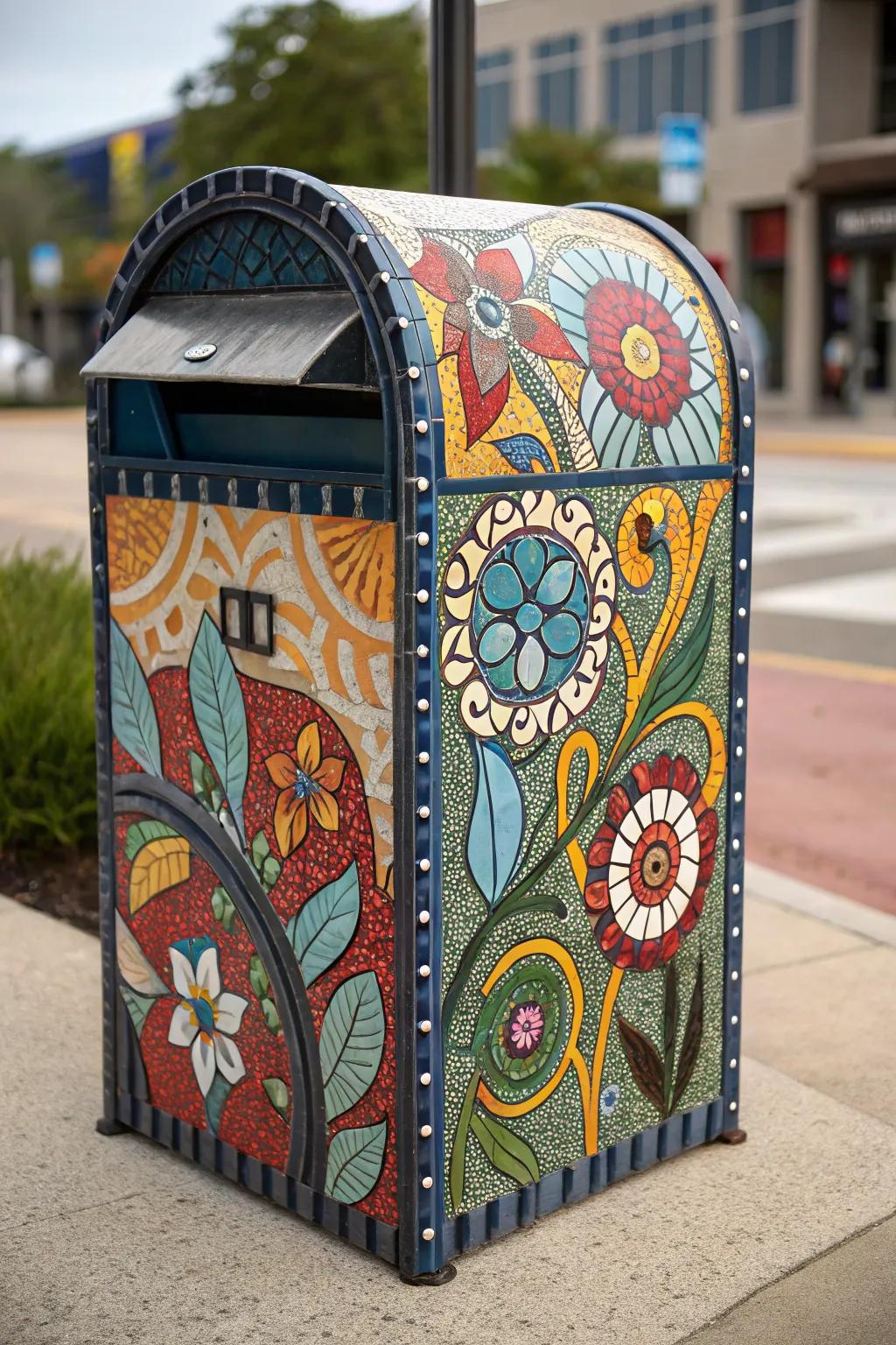 A mosaic mailbox that bursts with color and creativity.