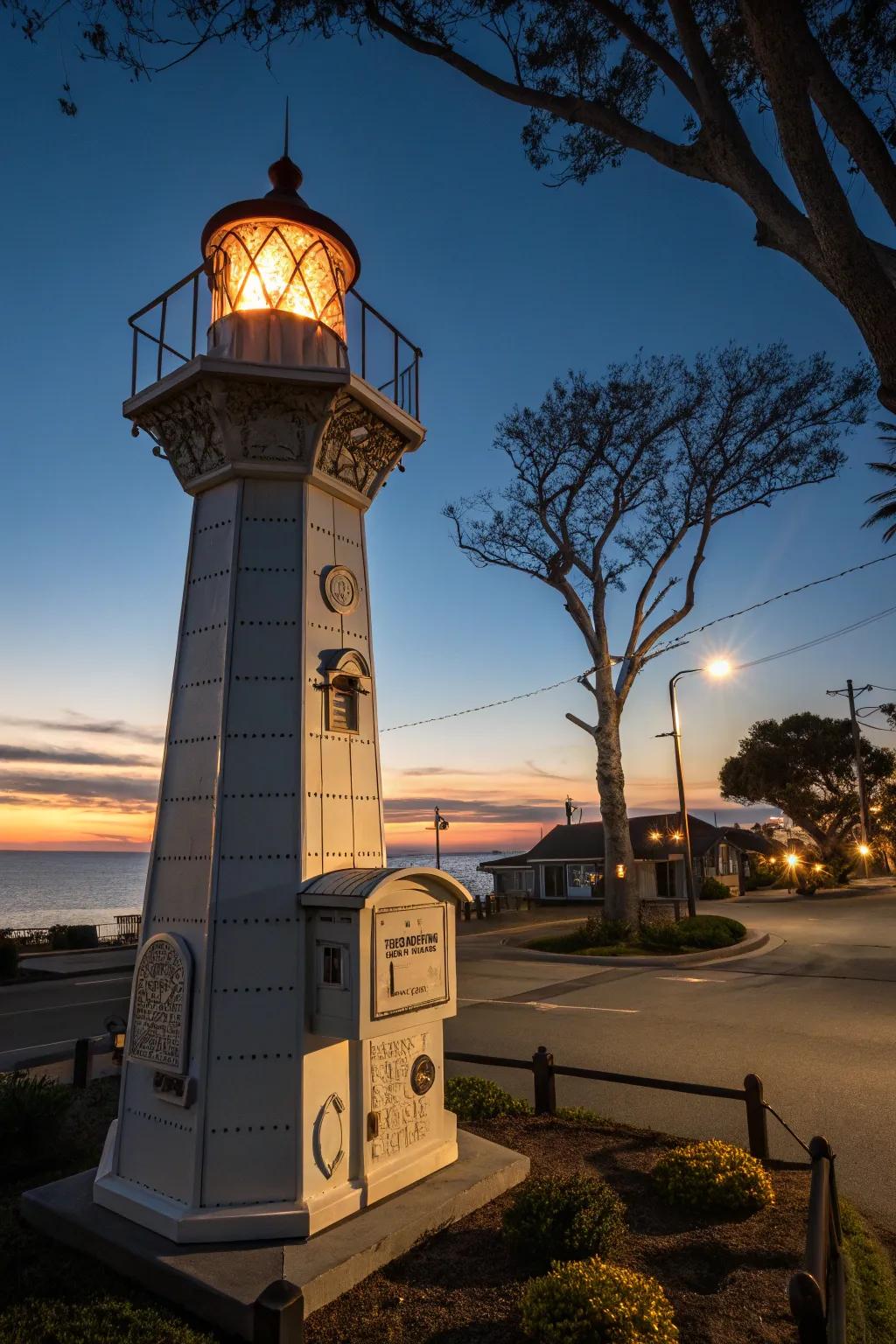 An illuminated lighthouse mailbox guiding the way.