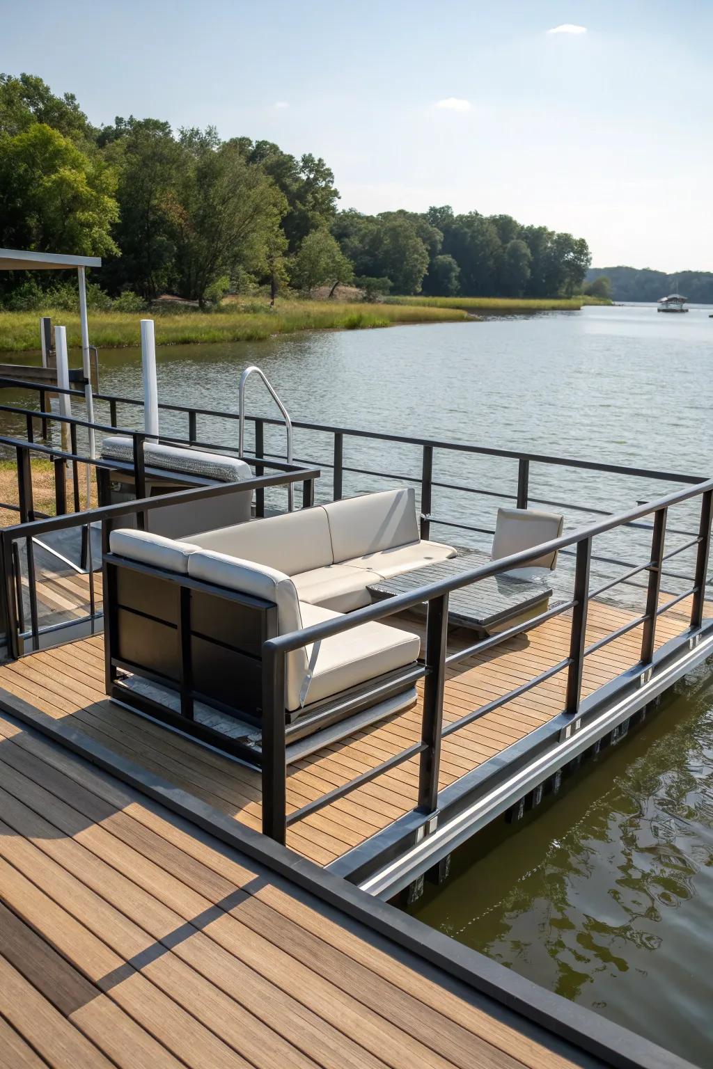 Integrated seating within the railing provides functionality and relaxation.