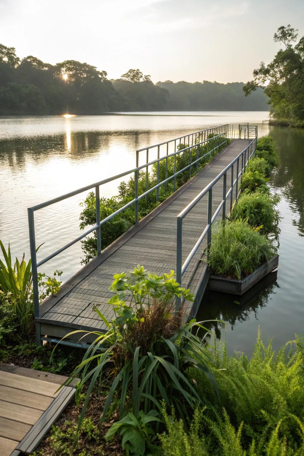 Living plant railings integrate greenery for a stunning, eco-friendly dock.