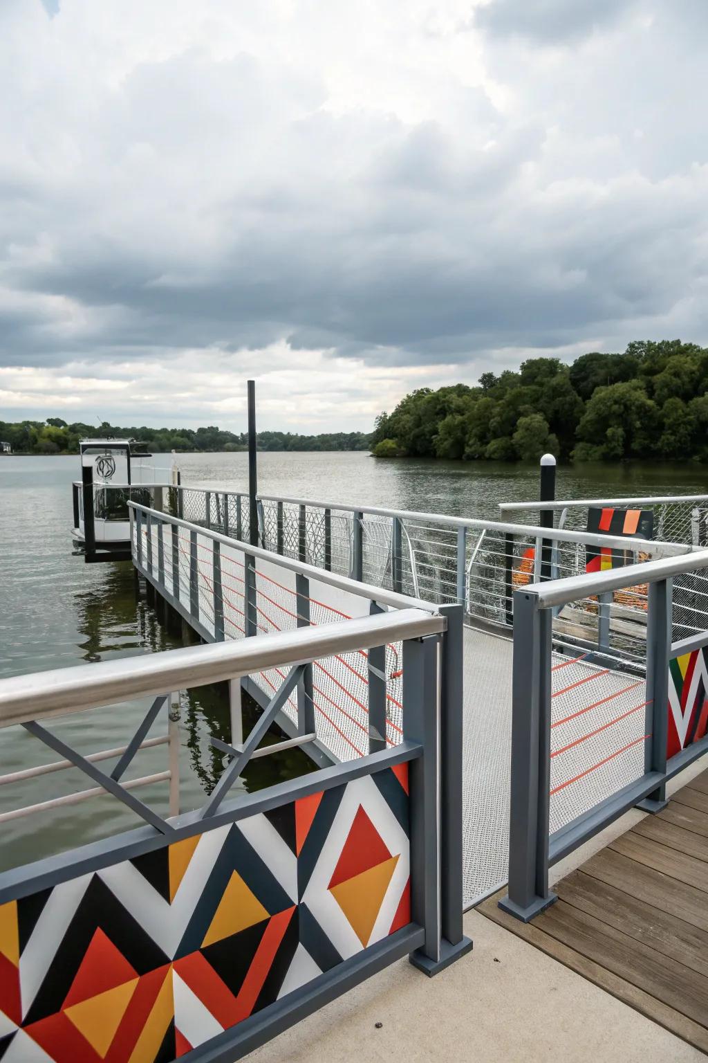 Geometric patterns in railings create a bold, artistic statement.