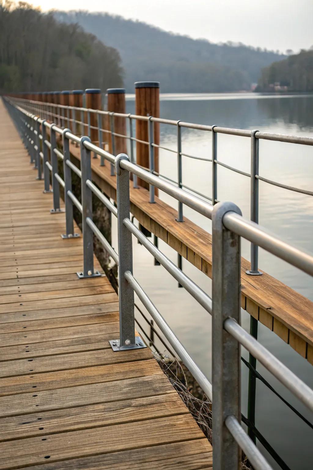 Mixed material railings blend wood and metal for added texture.