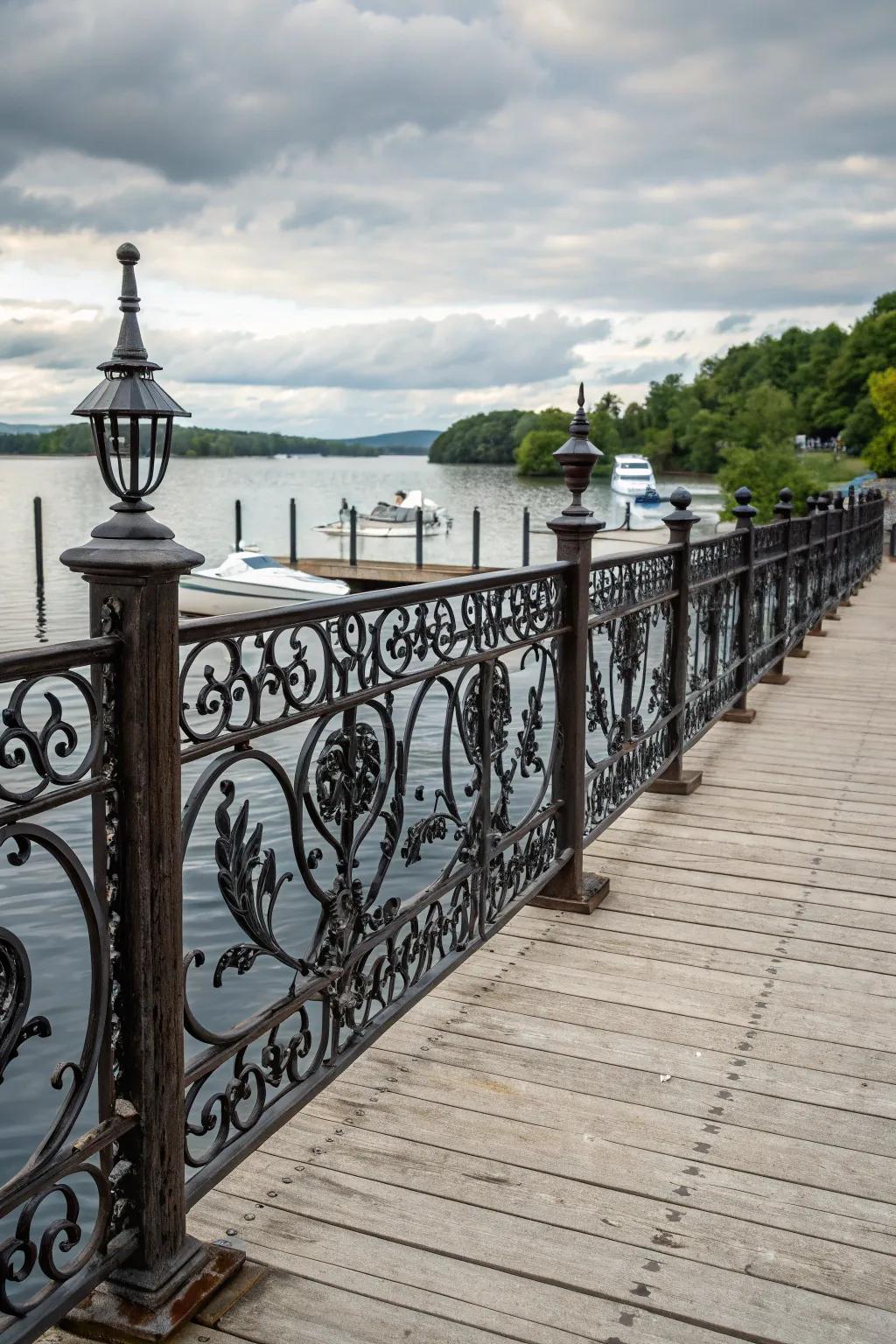Vintage wrought iron railings add timeless elegance to your dock.