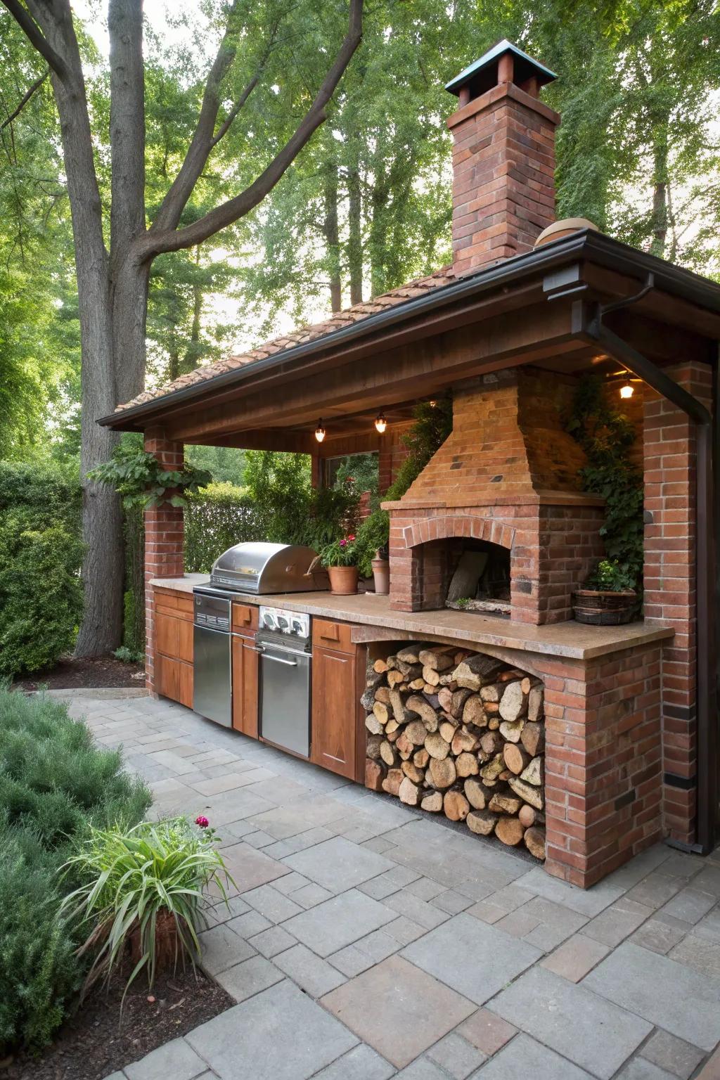 A firewood storage nook keeps your outdoor kitchen organized.