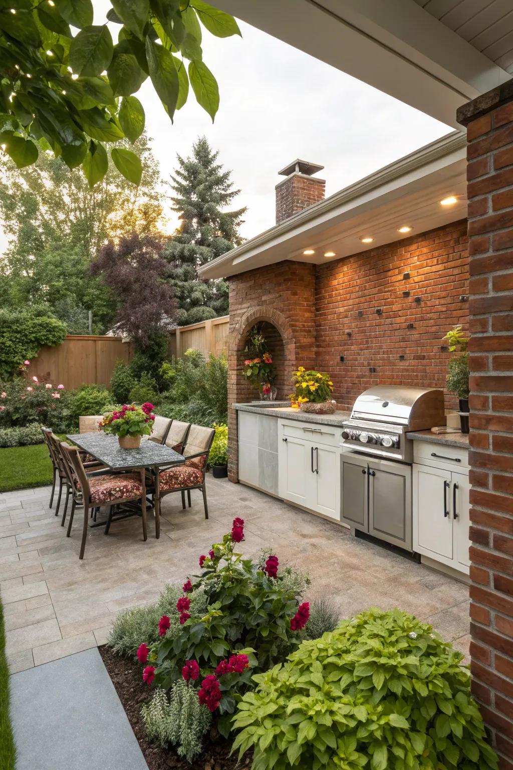 A brick accent wall adds depth and interest to an outdoor kitchen.