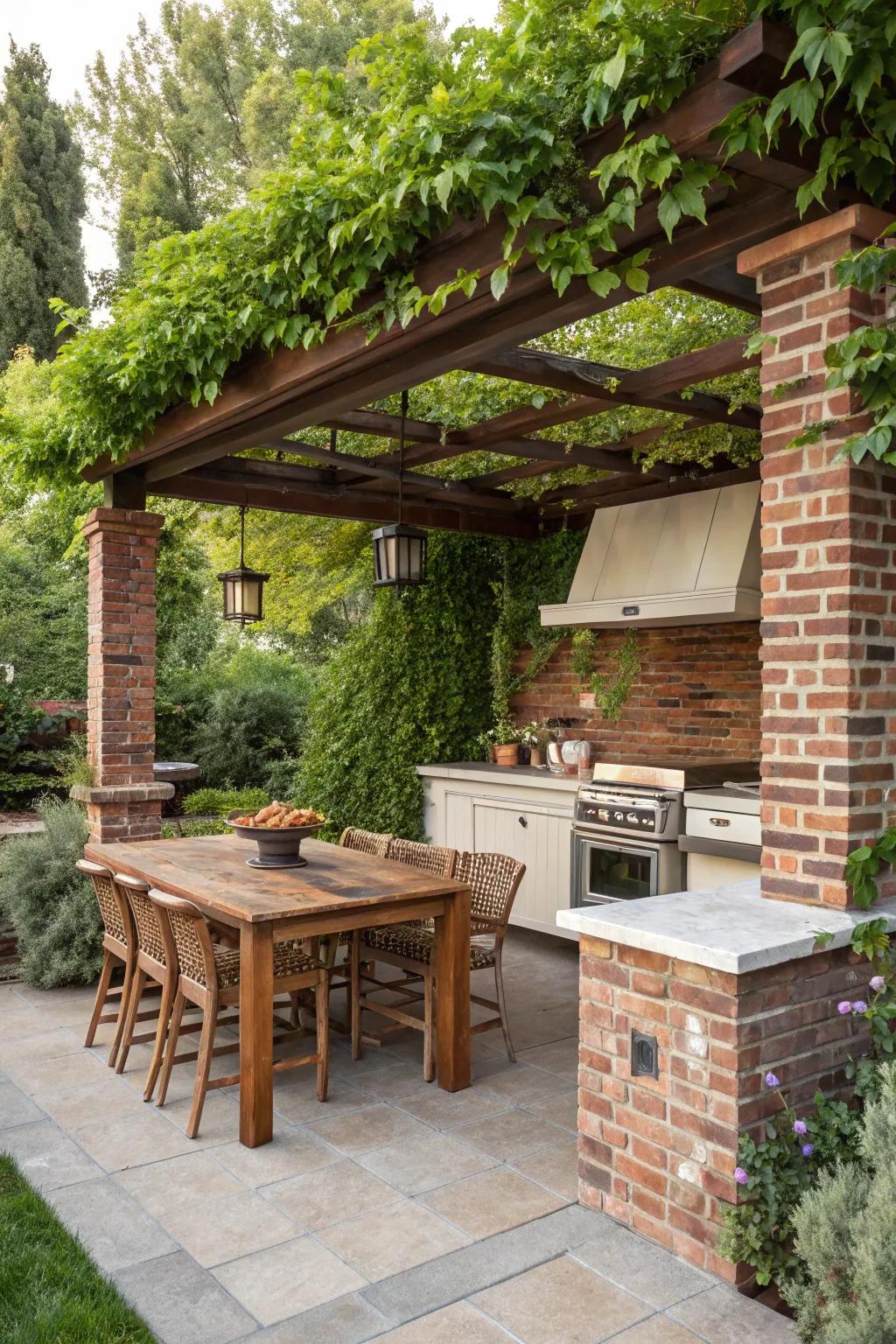 A pergola-covered kitchen provides shade and style for outdoor dining.
