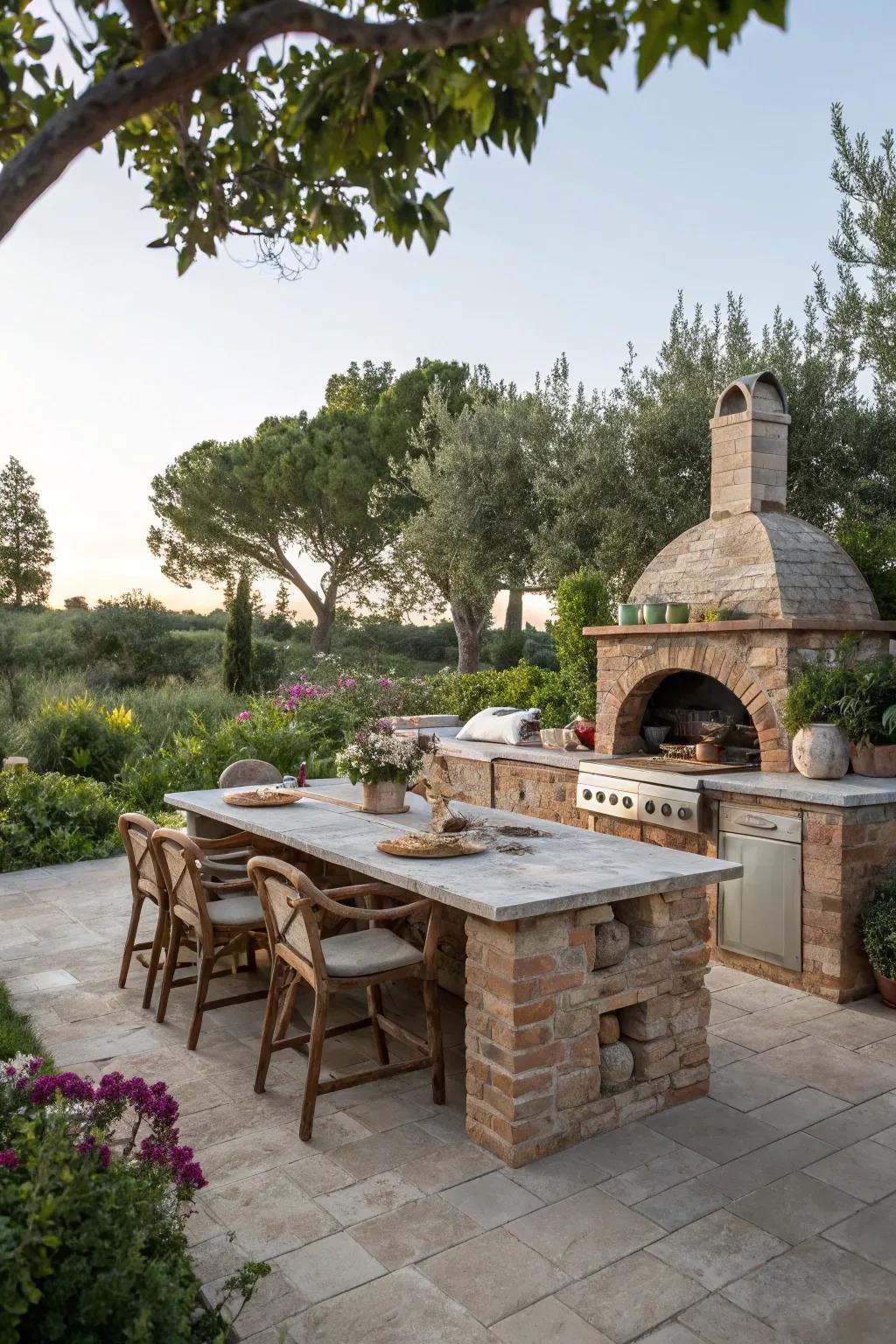 Stone countertops with a brick base offer both style and durability.