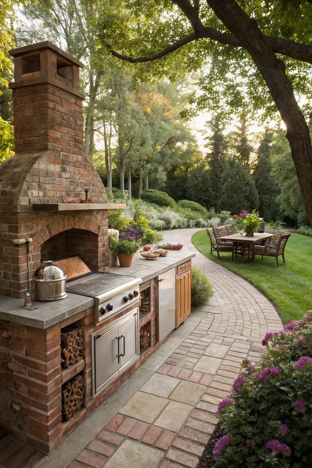 Reclaimed brick walls add a sustainable and unique touch to an outdoor kitchen.