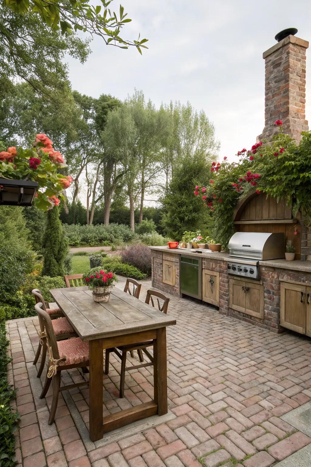A brick and cobblestone floor adds rustic charm to an outdoor kitchen.