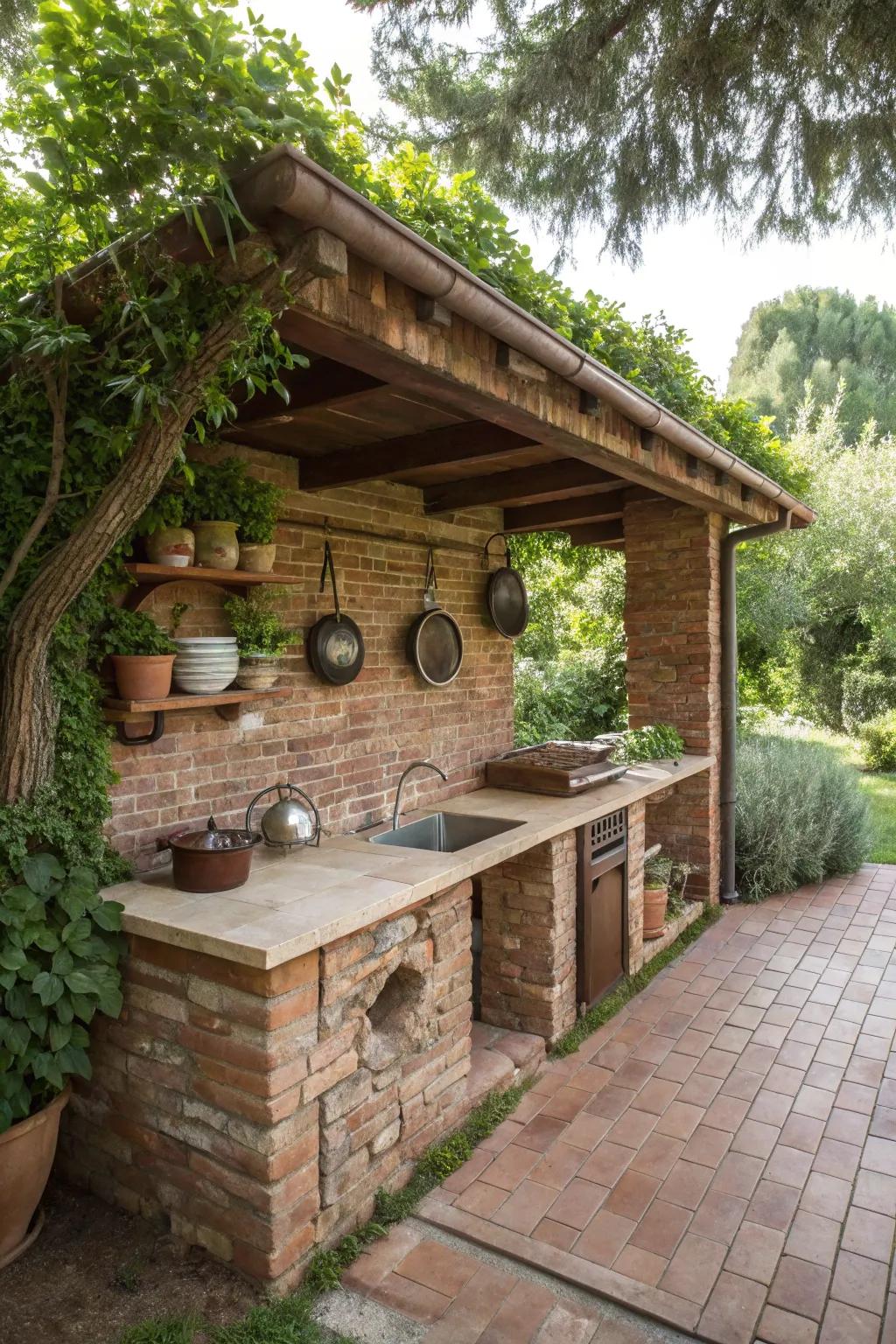 An outdoor brick sink adds practicality to your kitchen.