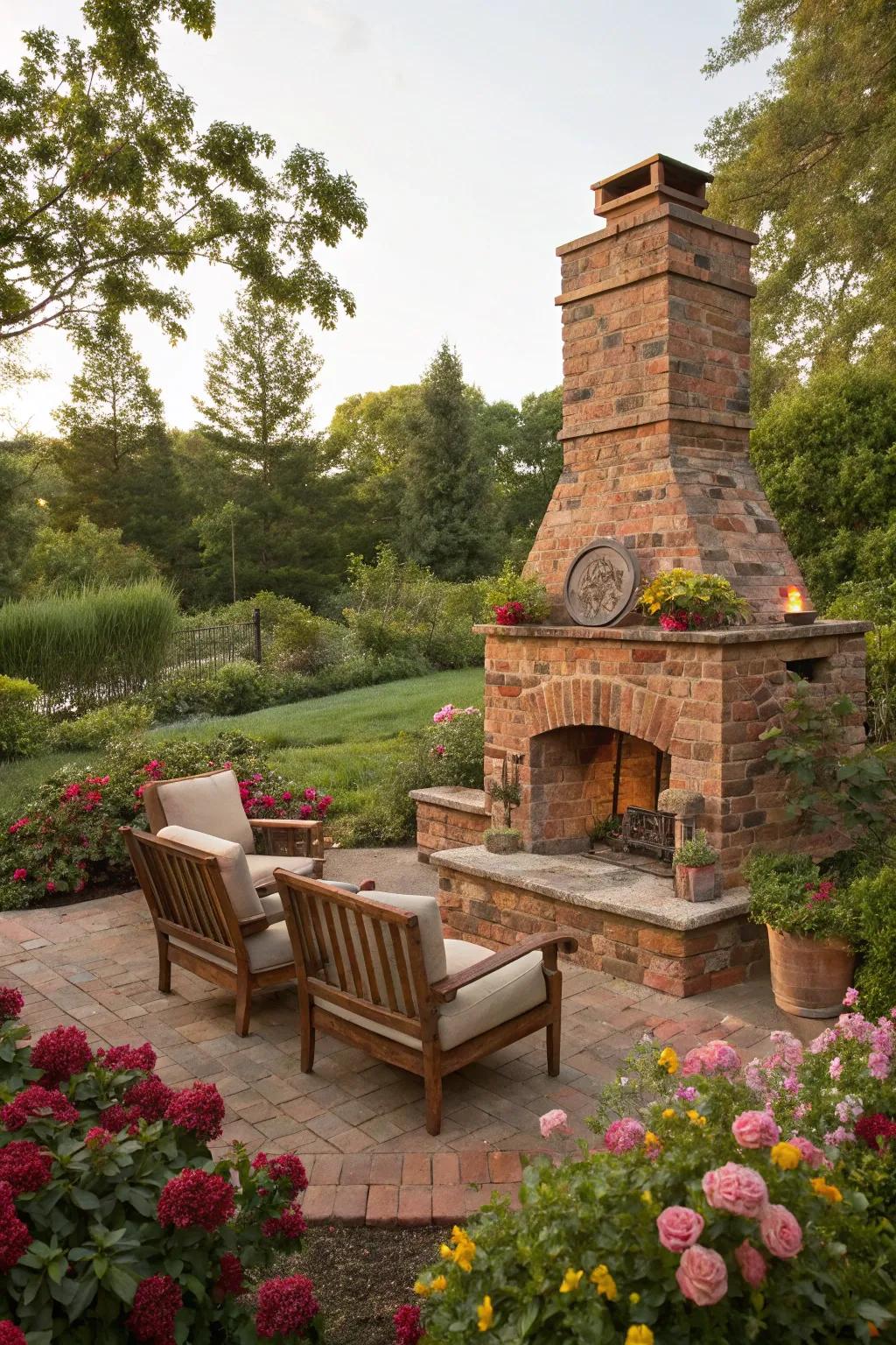 A rustic brick fireplace creates a cozy atmosphere for outdoor entertaining.