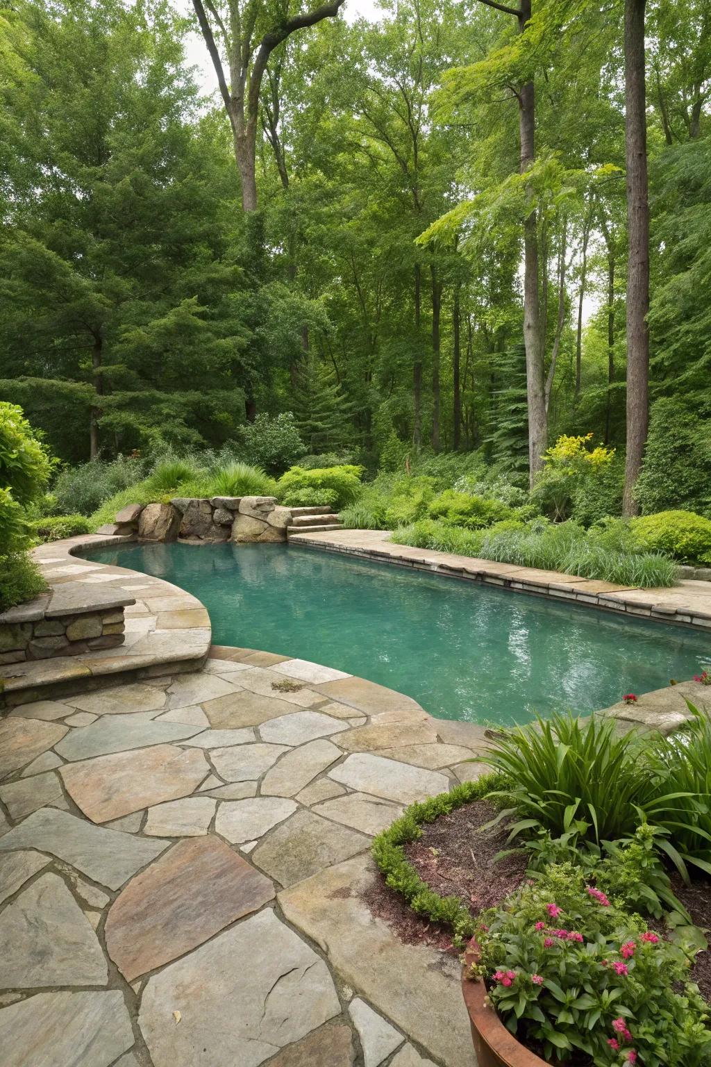 Natural stone decking enhances the pool's natural look.