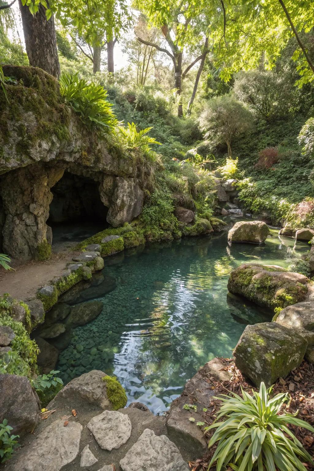 A hidden grotto creates a sense of adventure and privacy.