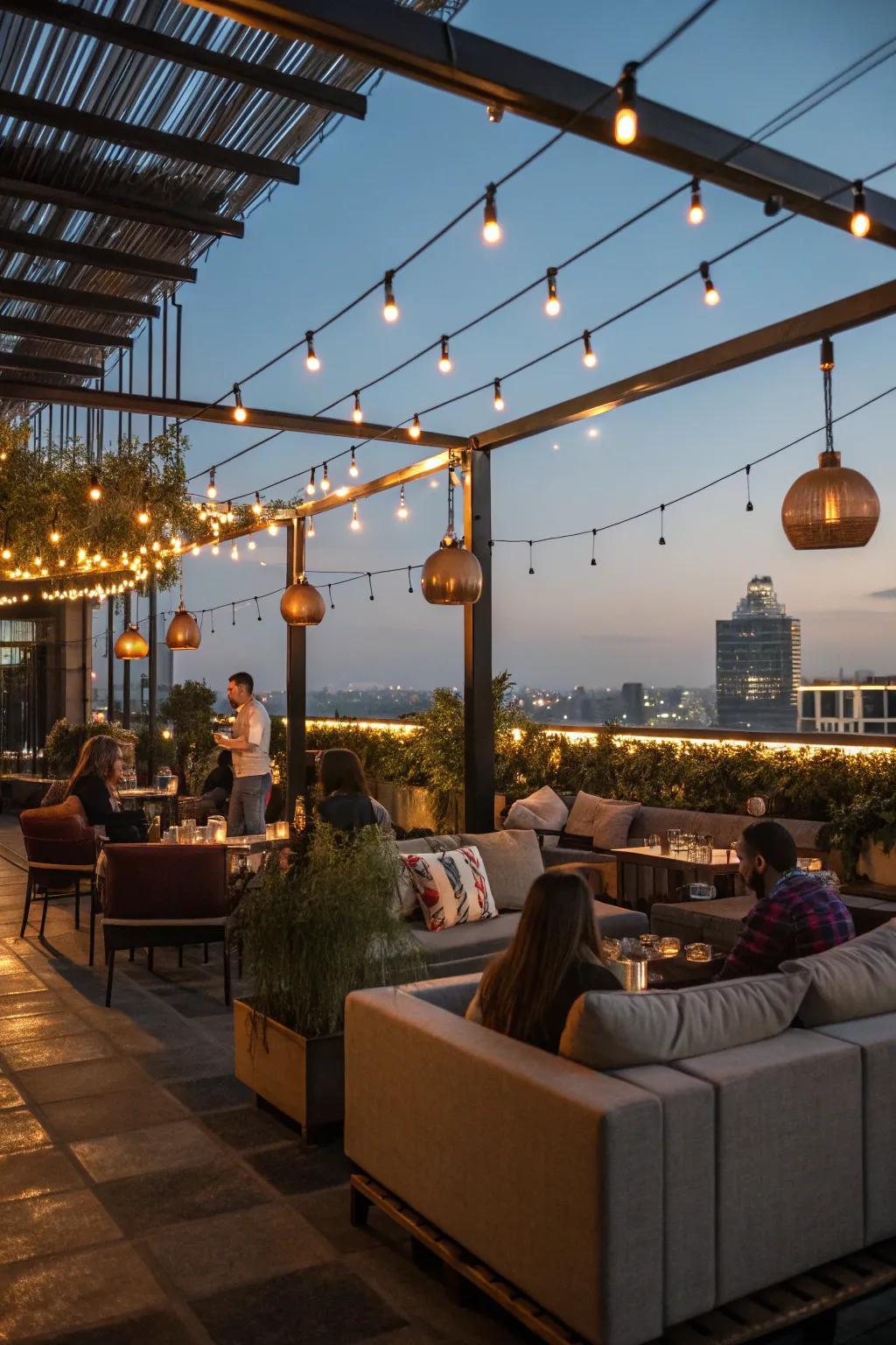 Creative lighting adding a magical glow to the rooftop bar.
