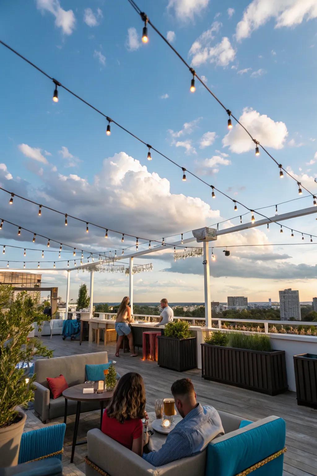 An open-air rooftop bar basking in natural light.