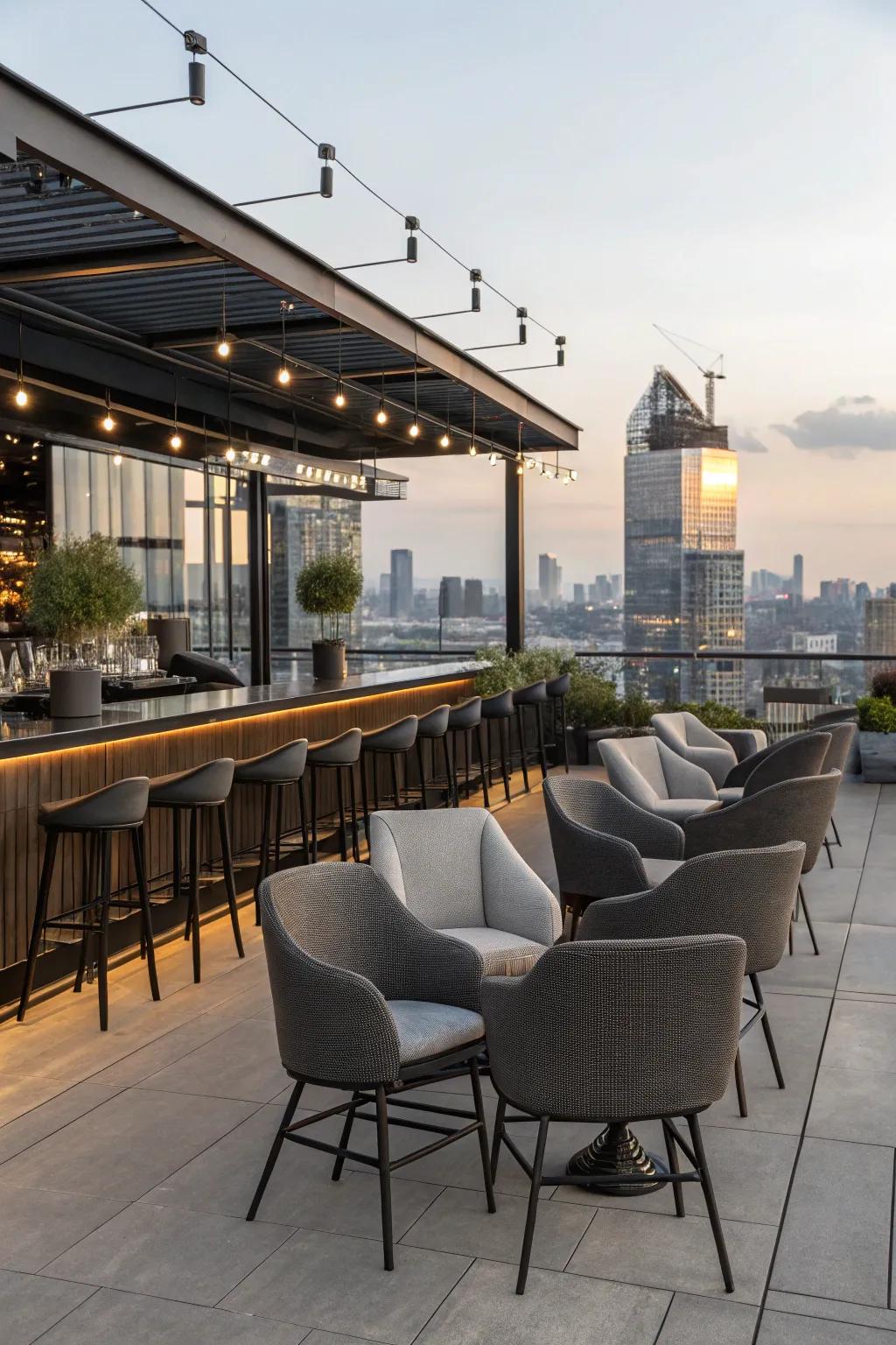 A stylish mix of lounge chairs and bar stools adds a modern flair.