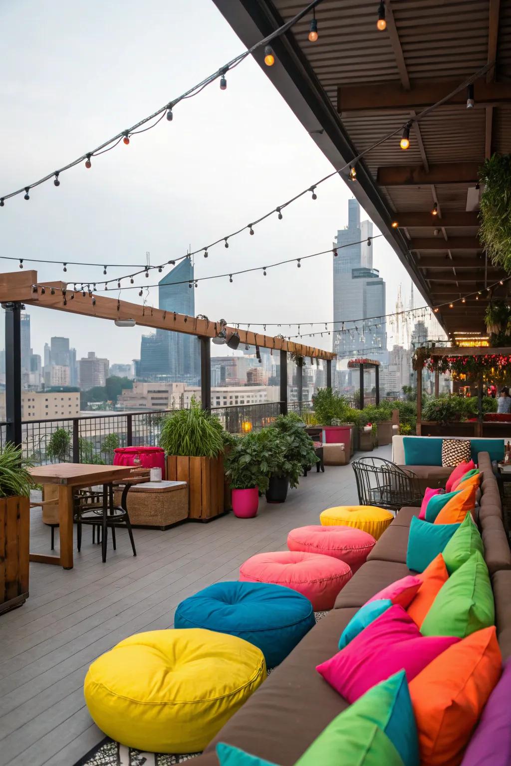 Colorful accents bringing vibrancy to the rooftop.