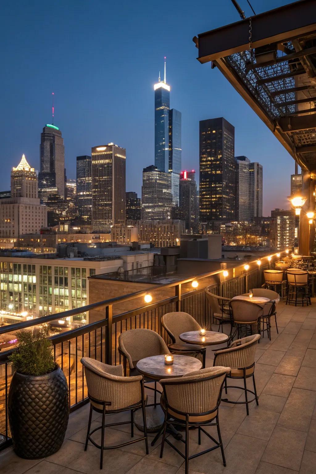 Seating arranged to capture a stunning city skyline view.