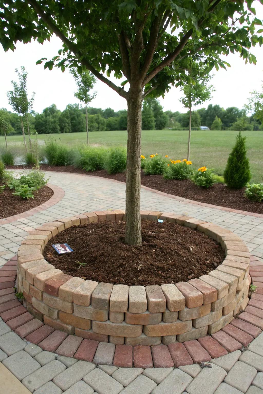 Bricks and mulch create a tidy and polished look.