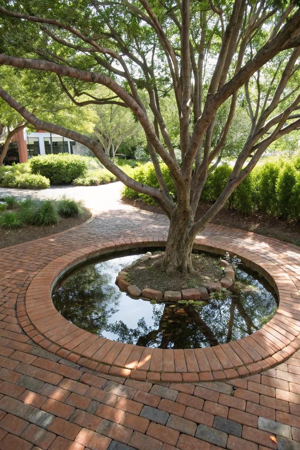 Water features with bricks create a serene garden atmosphere.