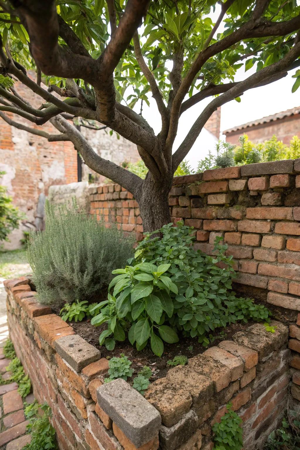A brick-bound herb garden is both useful and fragrant.