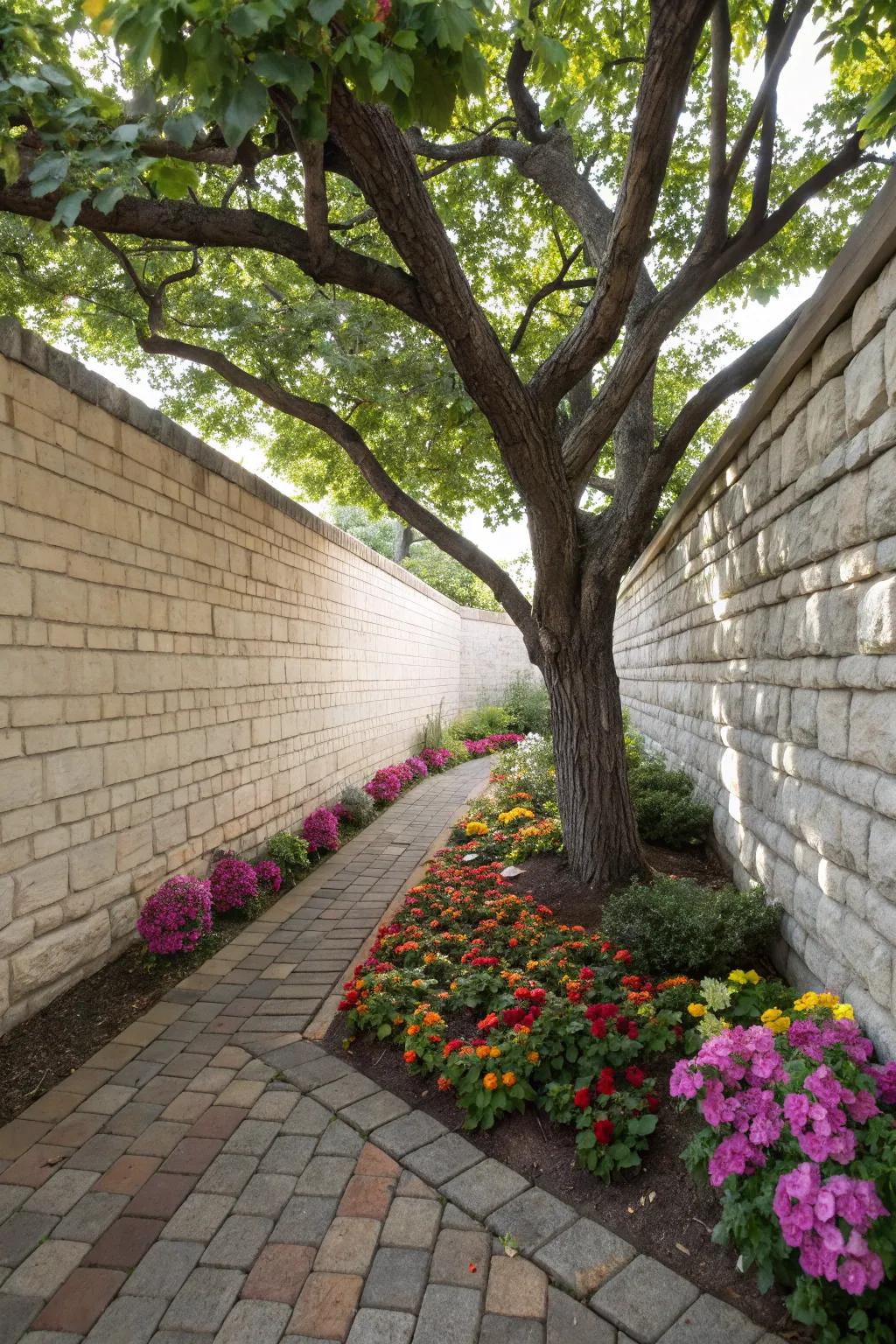 A lively mix of bricks and flowers enhances any tree.