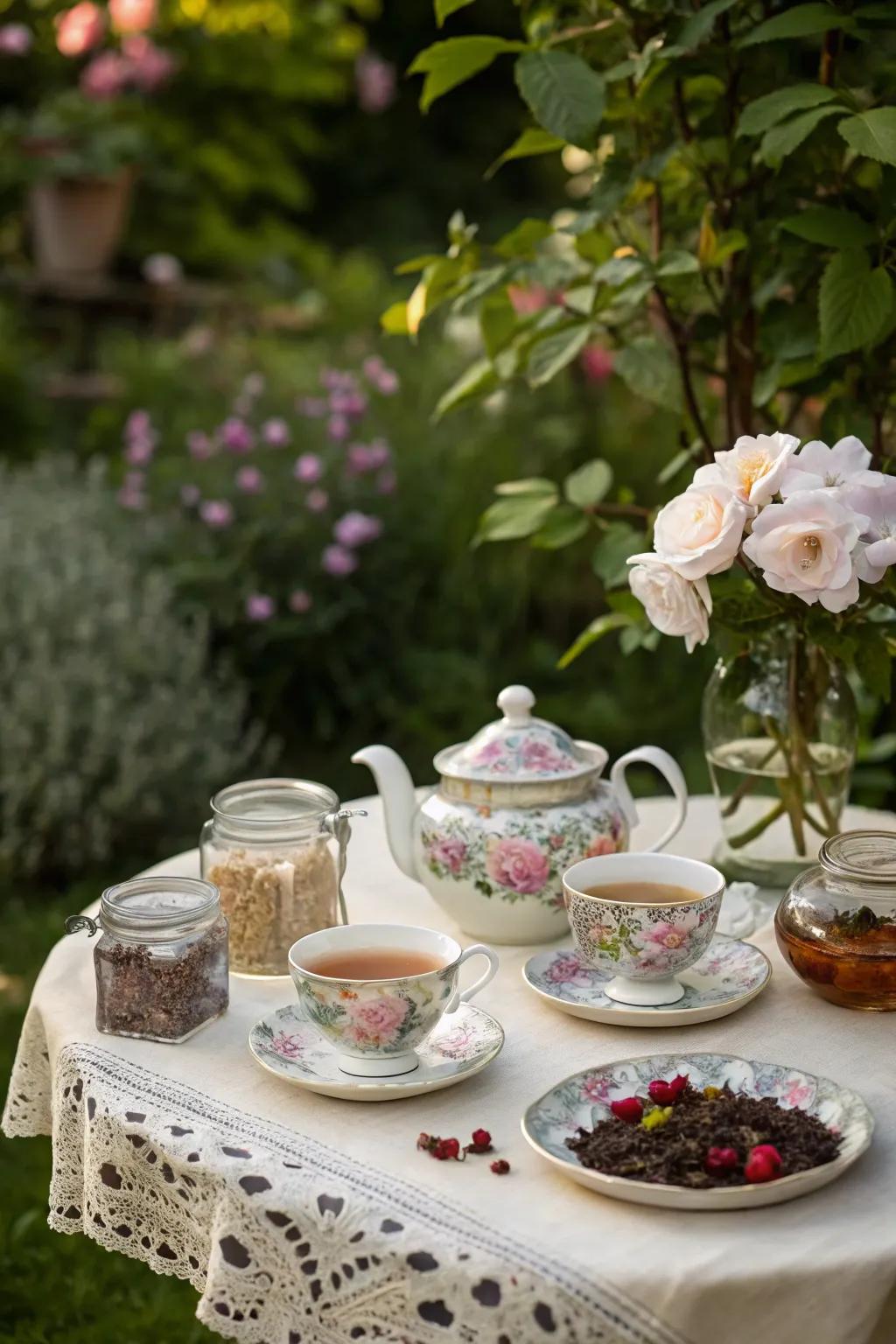 A tea station adds a touch of vintage charm.