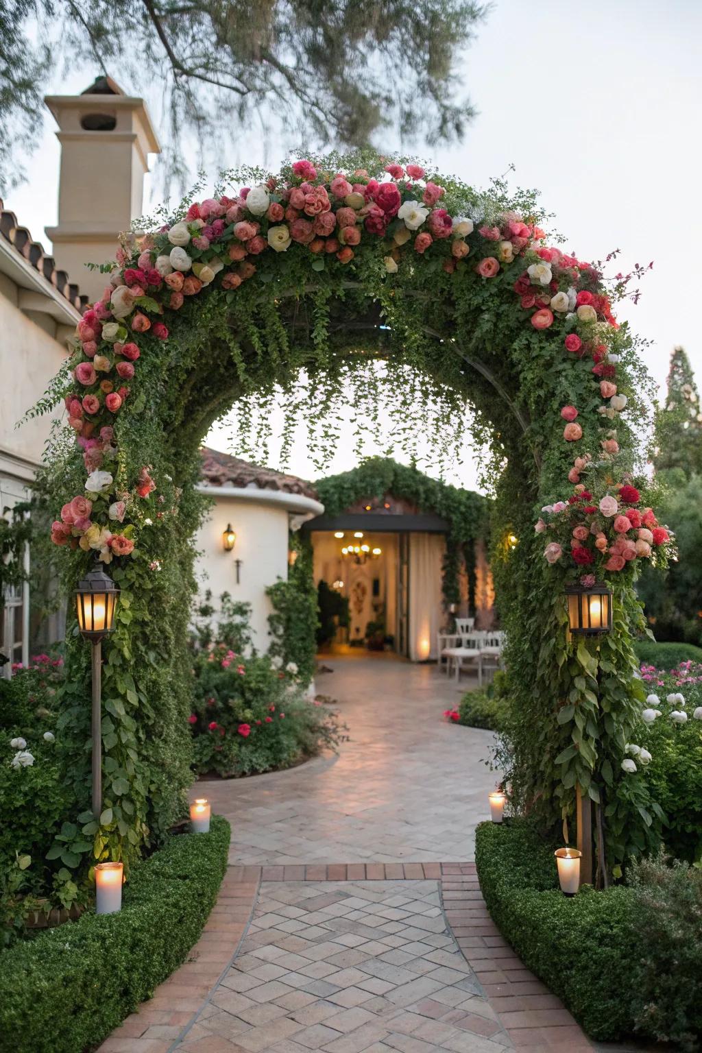 A floral archway creates a magical entrance to your garden bridal shower.