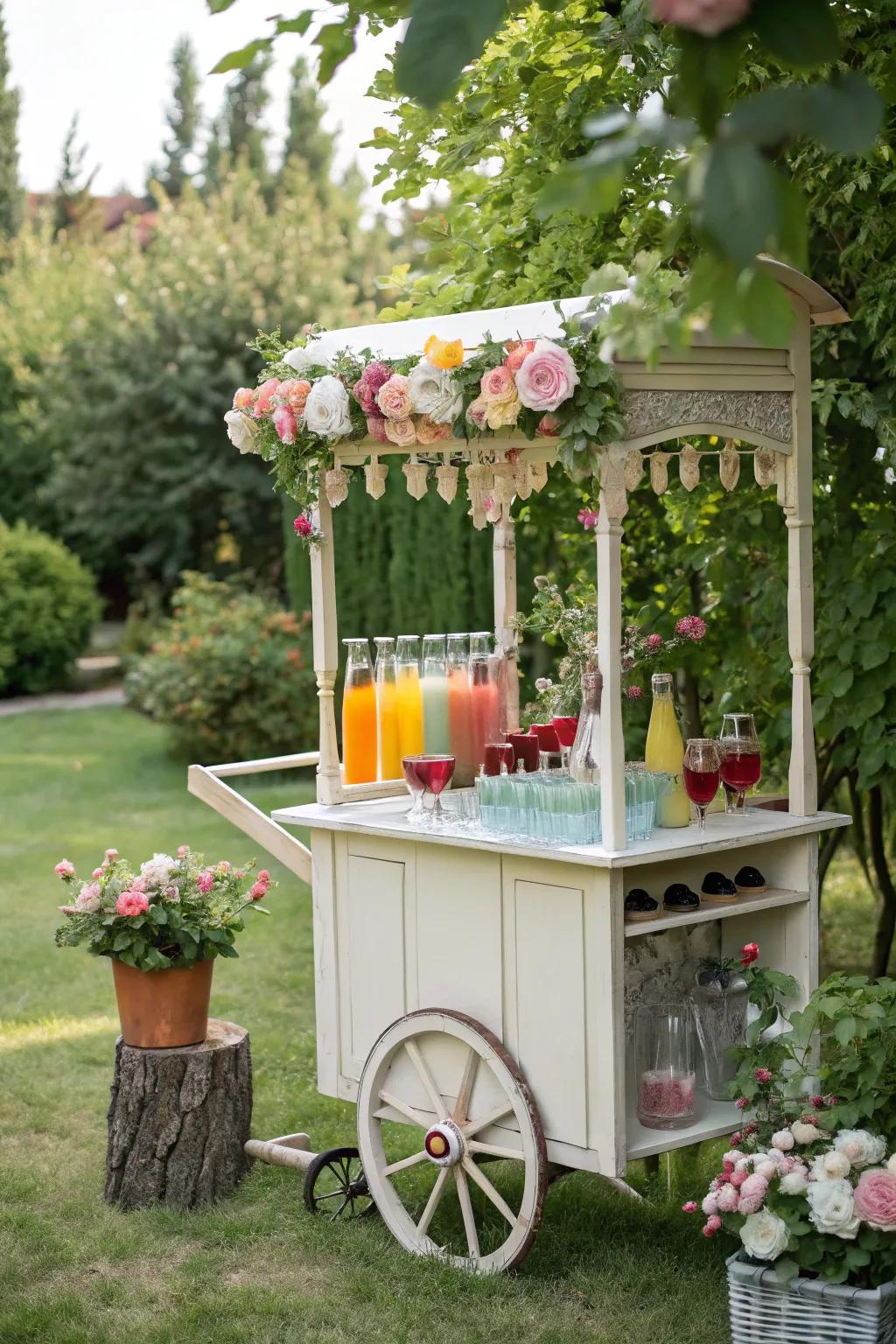 A vintage cart offers a stylish way to serve drinks.